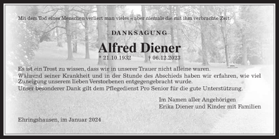 Traueranzeige von Alfred Diener von Alsfelder Allgemeine, Oberhessische Zeitung