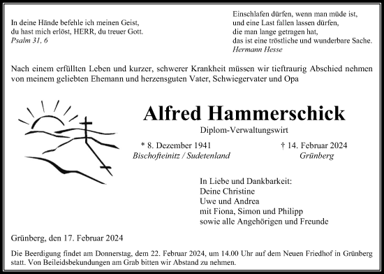 Traueranzeige von Alfred Hammerschick von Alsfelder Allgemeine, Giessener Anzeiger, Giessener Allgemeine