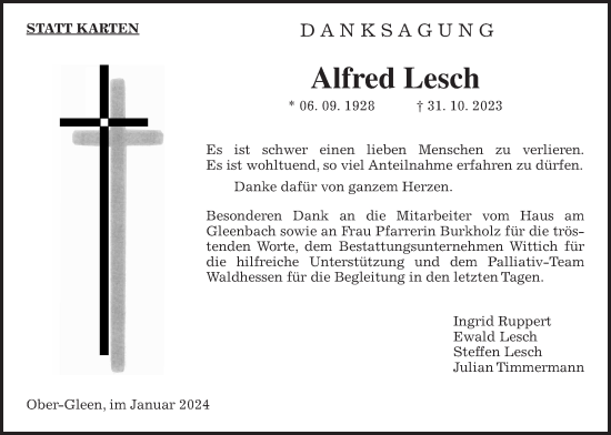 Traueranzeige von Alfred Lesch von Oberhessische Zeitung