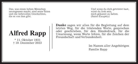 Traueranzeige von Alfred Rapp von Butzbacher Zeitung