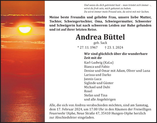 Traueranzeige von Andrea Büttel von Licher Wochenblatt