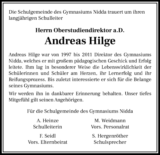 Traueranzeige von Andreas Hilge von Kreis-Anzeiger