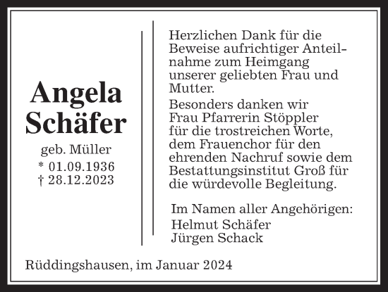 Traueranzeige von Angela Schäfer von Rabenauer Zeitung, Giessener Allgemeine, Alsfelder Allgemeine, Giessener Anzeiger