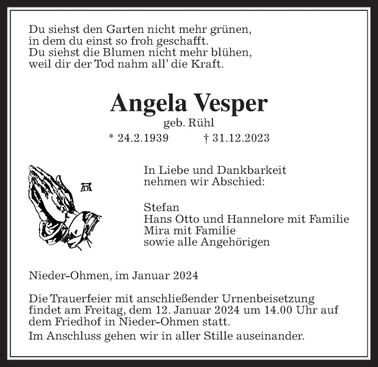 Traueranzeige von Angela Vesper von Alsfelder Allgemeine, Mücker Stimme, Oberhessische Zeitung
