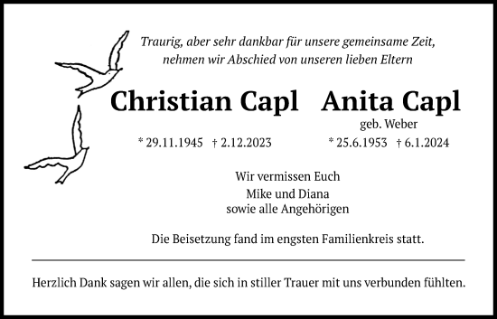 Traueranzeige von Anita Capl von Pohlheimer Nachrichten