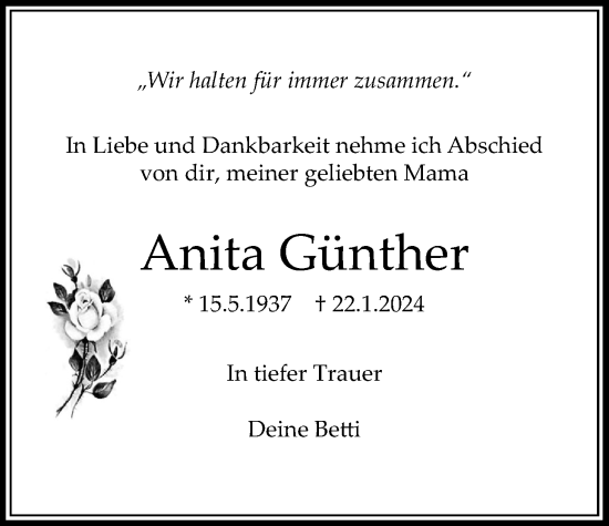 Traueranzeige von Anita Günther von Bad Vilbel/Karben