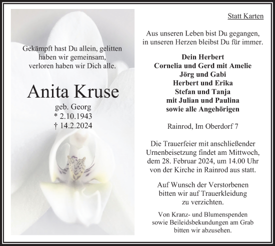 Traueranzeige von Anita Kruse von Oberhessische Zeitung