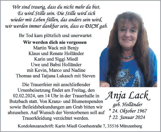 Traueranzeige von Anja Lack von Butzbacher Zeitung