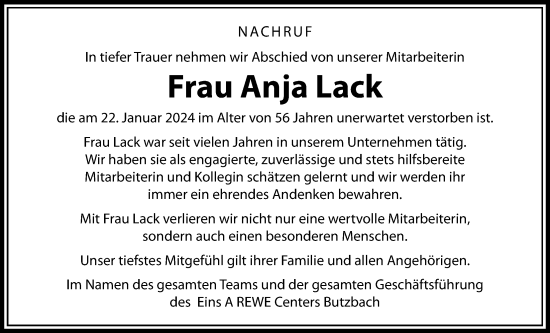 Traueranzeige von Anja Lack von Butzbacher Zeitung