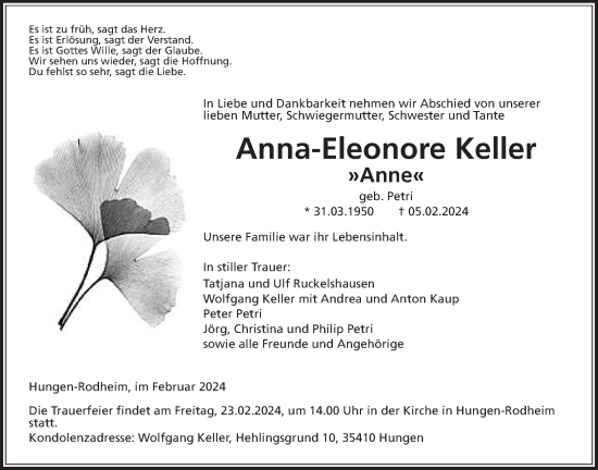 Traueranzeige von Anna-Eleonore Keller von Alsfelder Allgemeine, Giessener Anzeiger, Giessener Allgemeine