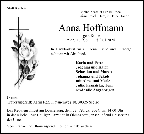 Traueranzeige von Anna Hoffmann von Oberhessische Zeitung