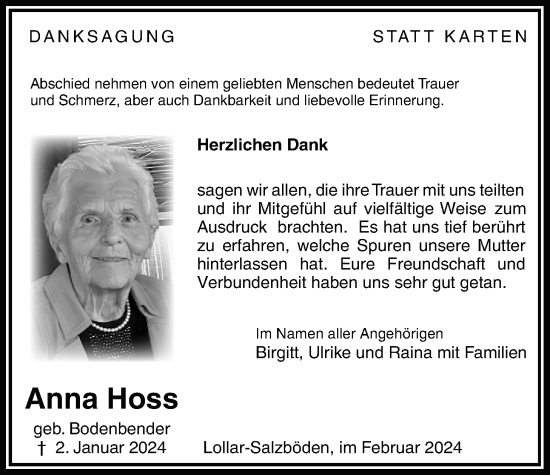 Traueranzeige von Anna Hoss von Giessener Allgemeine, Alsfelder Allgemeine
