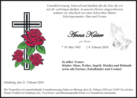 Traueranzeige von Anna Kaiser von Giessener Allgemeine, Alsfelder Allgemeine