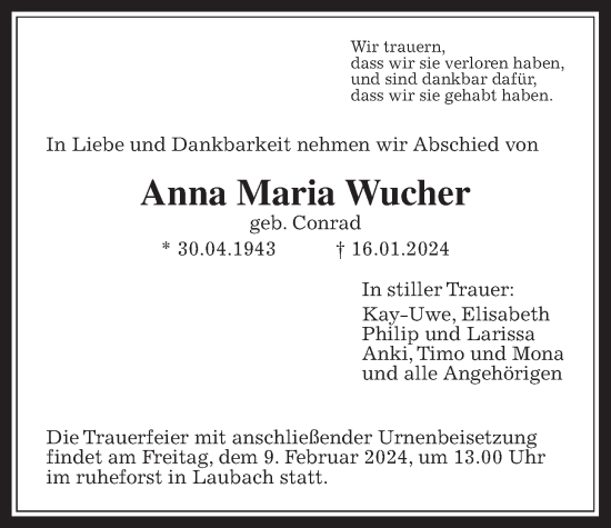 Traueranzeige von Anna Maria Wucher von Alsfelder Allgemeine, Oberhessische Zeitung