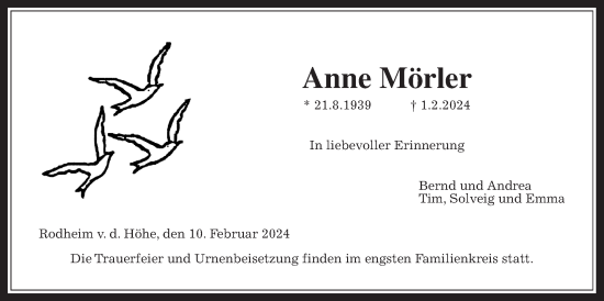 Traueranzeige von Anne Mörler von Wetterauer Zeitung