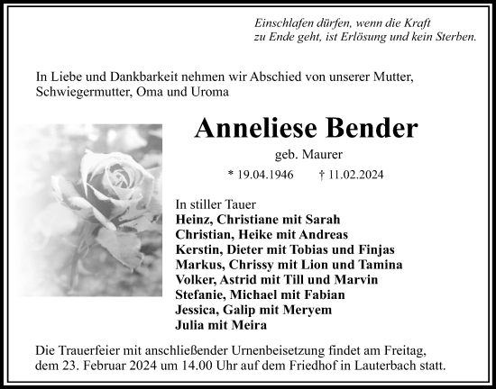 Traueranzeige von Anneliese Bender von Lauterbacher Anzeiger, Lauterbacher Anzeiger