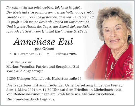 Traueranzeige von Anneliese Eul von Usinger Anzeiger