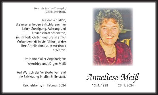 Traueranzeige von Anneliese Meiß von Wetterauer Zeitung