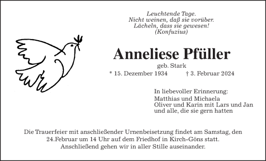Traueranzeige von Anneliese Pfüller von Butzbacher Zeitung