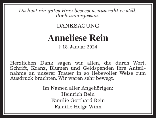 Traueranzeige von Anneliese Rein von Allendorfer Mitteilungen