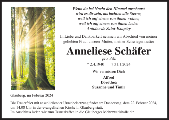 Traueranzeige von Anneliese Schäfer von Kreis-Anzeiger