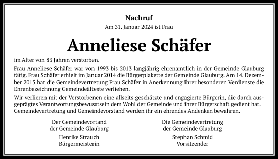 Traueranzeige von Anneliese Schäfer von Kreis-Anzeiger