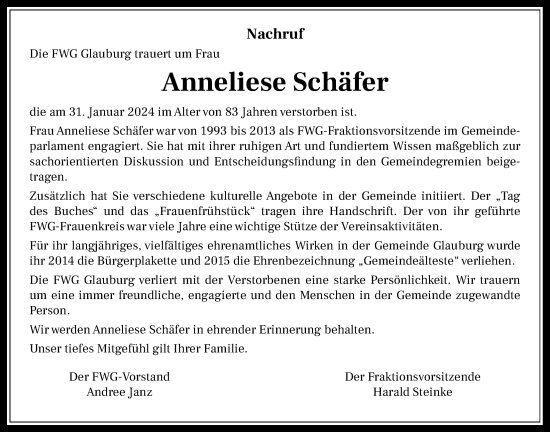 Traueranzeige von Anneliese Schäfer von Kreis-Anzeiger
