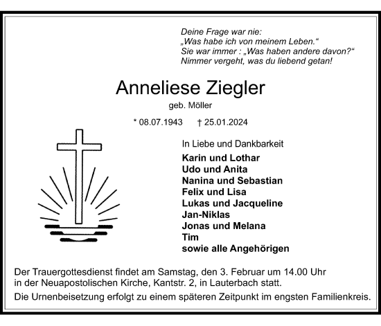 Traueranzeige von Anneliese Ziegler von Lauterbacher Anzeiger