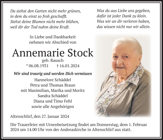 Traueranzeige von Annemarie Stock von Lauterbacher Anzeiger