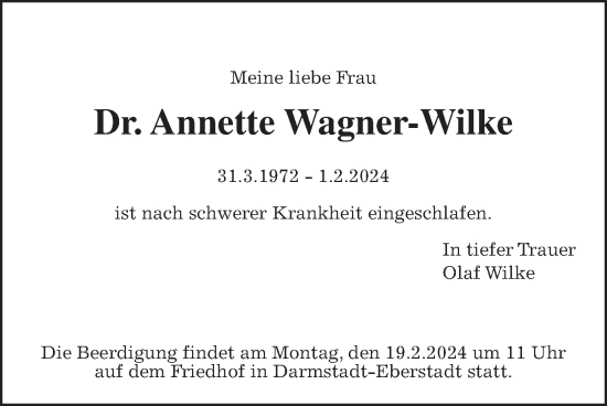 Traueranzeige von Annette Wagner-Wilke von Wetterauer Zeitung, Giessener Allgemeine, Alsfelder Allgemeine