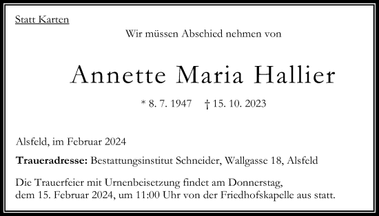 Traueranzeige von Annette Maria Hallier von Oberhessische Zeitung