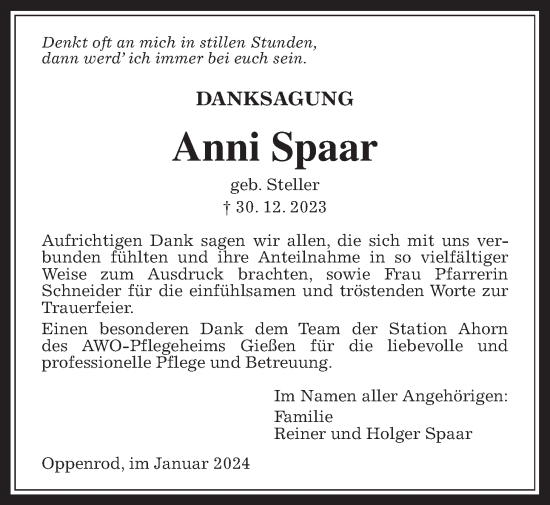 Traueranzeige von Anni Spaar von Giessener Allgemeine, Alsfelder Allgemeine, Giessener Anzeiger