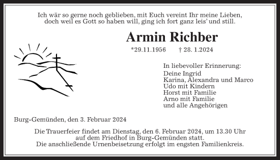 Traueranzeige von Armin Richber von Alsfelder Allgemeine, Oberhessische Zeitung