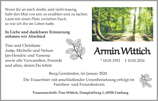 Traueranzeige von Armin Wittich von Alsfelder Allgemeine, Oberhessische Zeitung