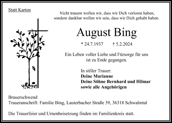 Traueranzeige von August Bing von Oberhessische Zeitung
