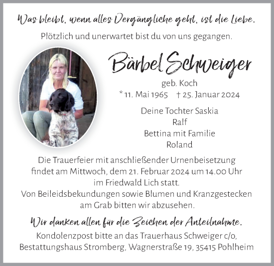 Traueranzeige von Bärbel Schweiger von Alsfelder Allgemeine, Giessener Anzeiger, Giessener Allgemeine
