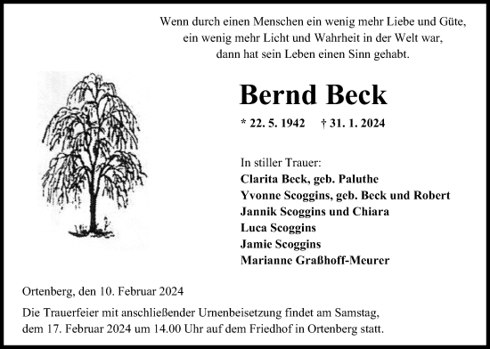 Traueranzeige von Bernd Beck von Kreis-Anzeiger