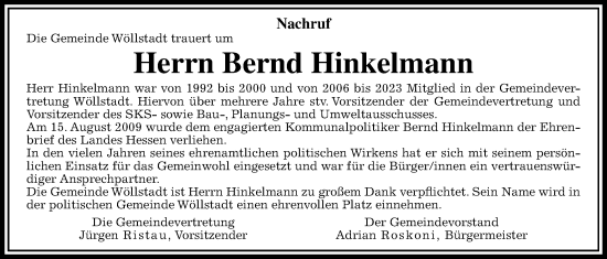Traueranzeige von Bernd Hinkelmann von Wetterauer Zeitung