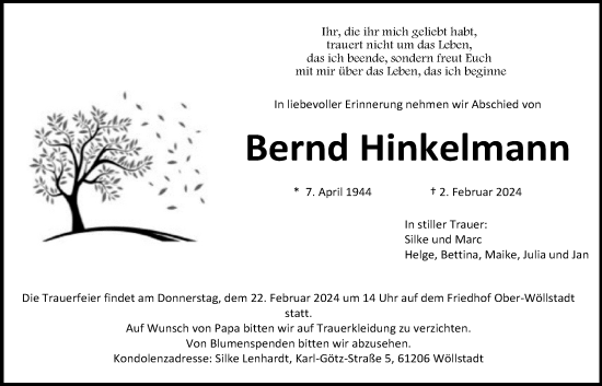 Traueranzeige von Bernd Hinkelmann von Wetterauer Zeitung