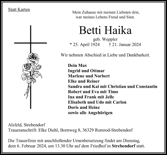 Traueranzeige von Betti Haika von Oberhessische Zeitung