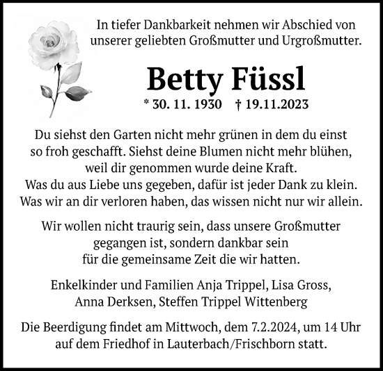 Traueranzeige von Betty Füssl von Lauterbacher Anzeiger
