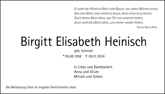 Traueranzeige von Birgitt Elisabeth Heinisch von Licher Wochenblatt