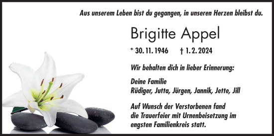 Traueranzeige von Brigitte Appel von Wetterauer Zeitung