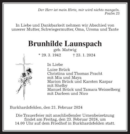 Traueranzeige von Brunhilde Launspach von Giessener Anzeiger