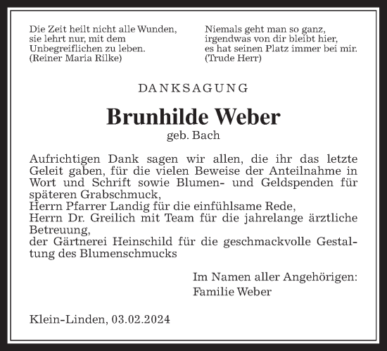 Traueranzeige von Brunhilde Weber von Giessener Allgemeine, Alsfelder Allgemeine
