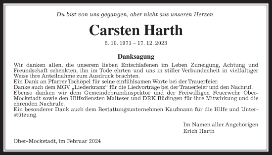 Traueranzeige von Carsten Harth von Kreis-Anzeiger