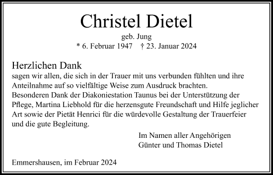 Traueranzeige von Christel Dietel von Usinger Anzeiger