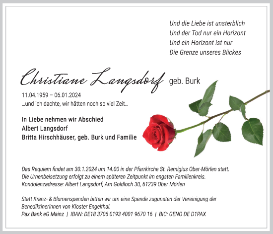 Traueranzeige von Christiane Langsdorf von Wetterauer Zeitung, Butzbacher Zeitung