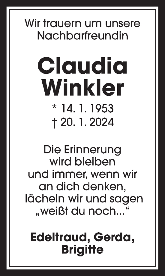 Traueranzeige von Claudia Winkler von Giessener Allgemeine, Alsfelder Allgemeine