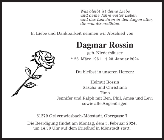 Traueranzeige von Dagmar Rossin von Usinger Anzeiger